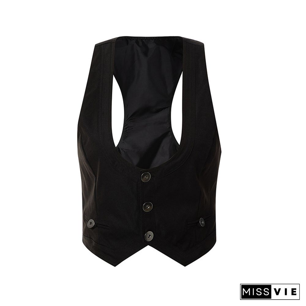 Women Fashion V-Neck Sleeveless Button Down Fitted Racer Back Classic Vest Shirts Separate Waistcoat For Formal Wear