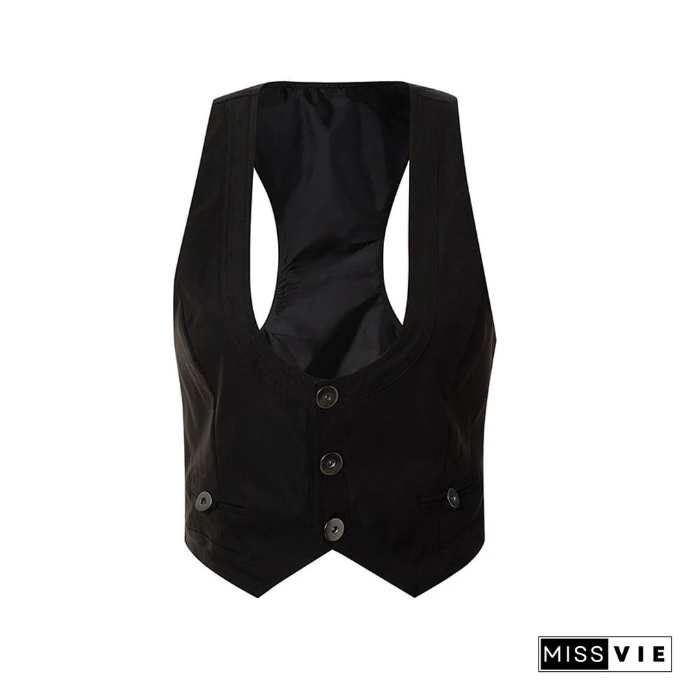 Women Fashion V-Neck Sleeveless Button Down Fitted Racer Back Classic Vest Shirts Separate Waistcoat For Formal Wear