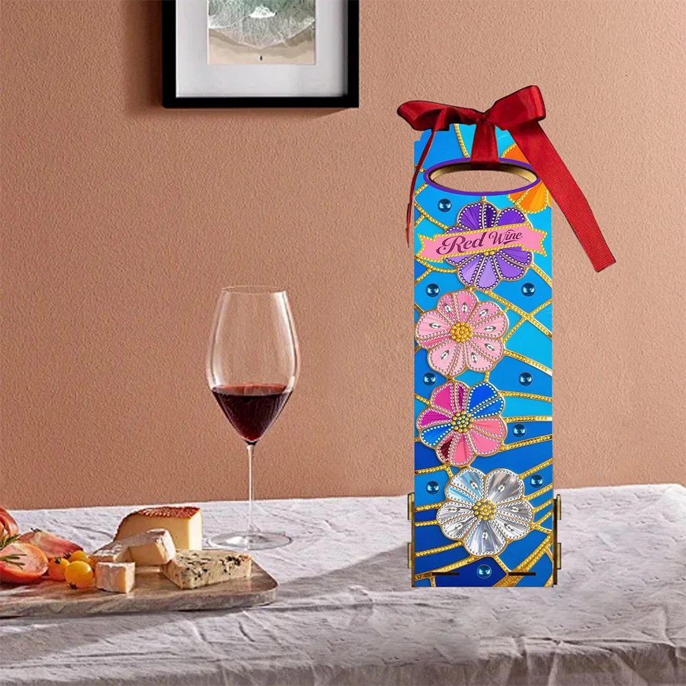 Wooden 5D/DIY Diamond Painting Art Wine Bag Kit for Party Wine Decor (Flowers)