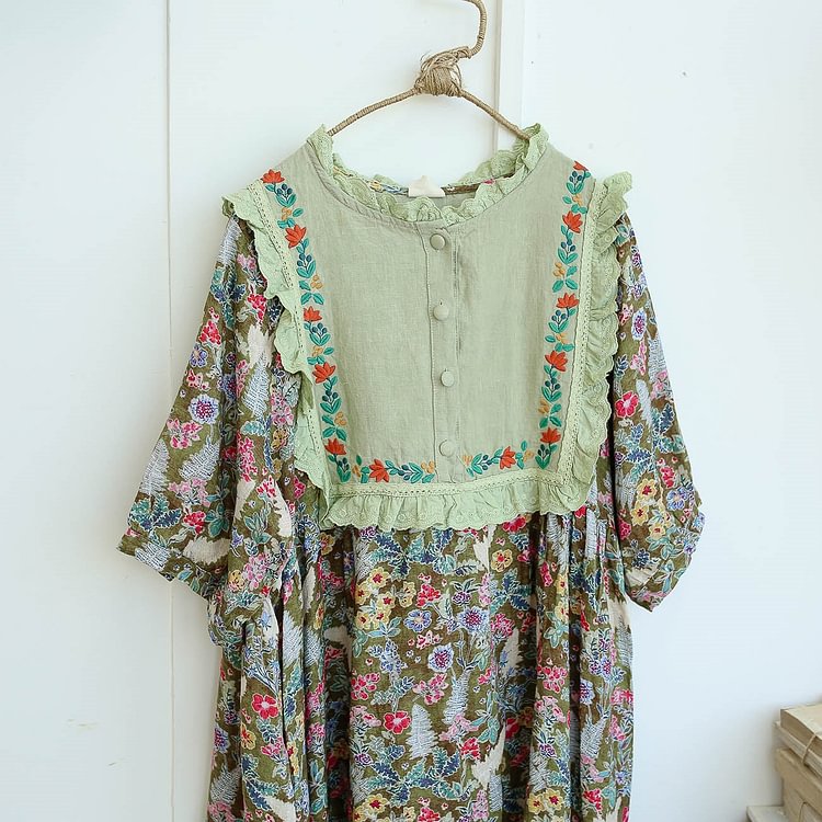 Queenfunky cottagecore style Quality Linen Embroidered Dress QueenFunky