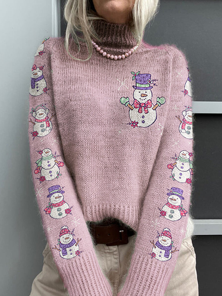 Comstylish Pink Christmas Snowman Knitted Warm Turtleneck Sweater