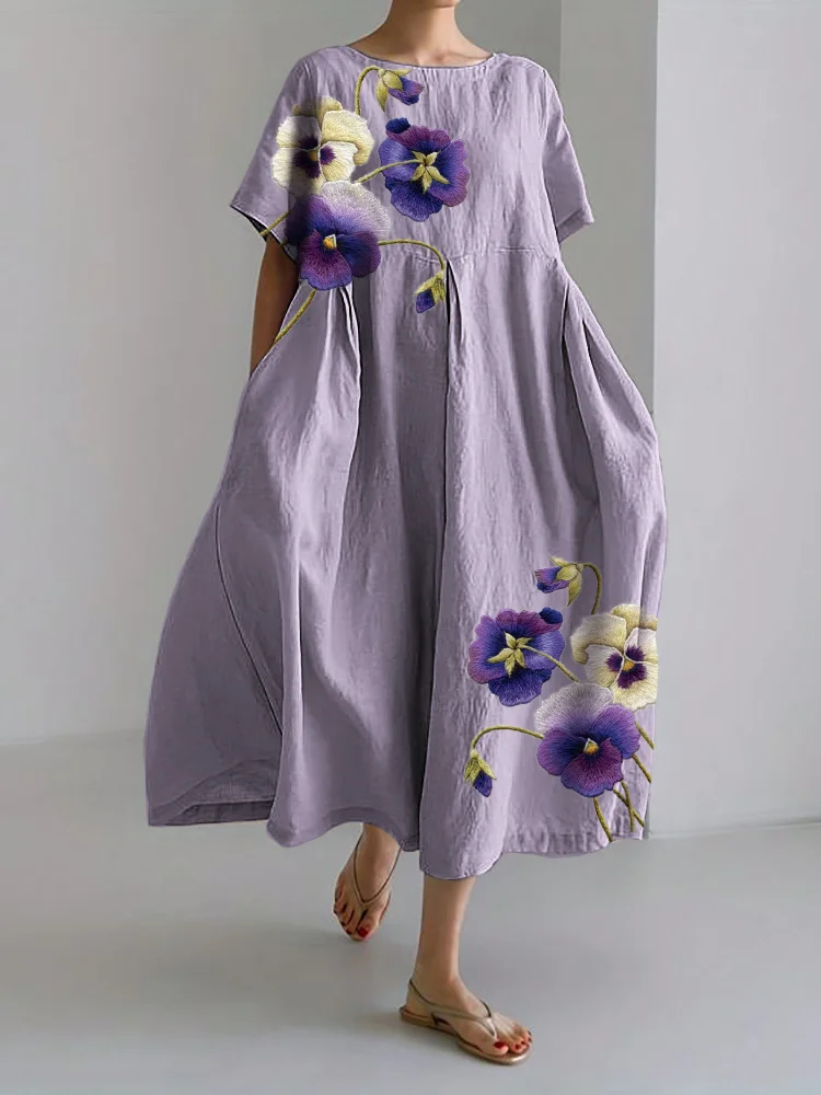 Comstylish Classy Pansy Flowers Embroidered Linen Blend Maxi Dress