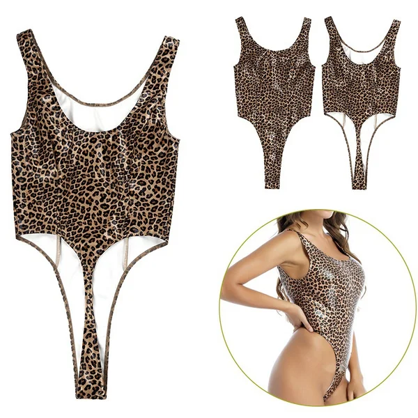 Trend One Piece Swimsuit Leopard Print High Legs Bodysuit for Women