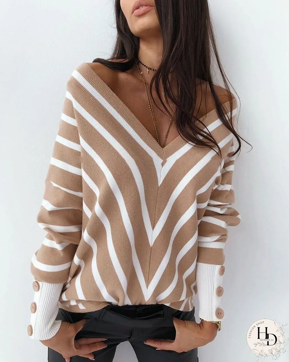 V Neck Popper Cuff Striped Casual Sweater P16131