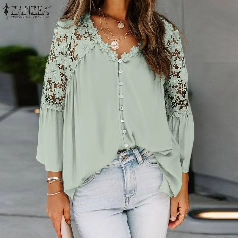 Summer Lace Crochet Blouse 2022 ZANZEA Sexy Women Hollow Out Shirt Casual Elegant V Neck 3/4 Sleeve White Tops Office Blusas 7
