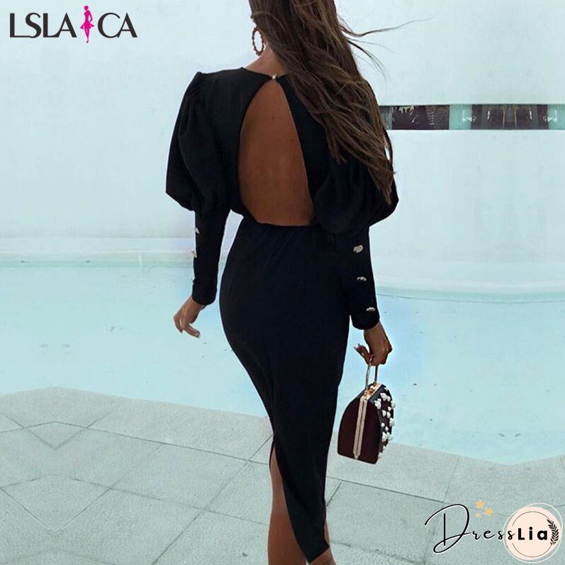 Dress Women Sexy round neck long-sleeved halter fashion hem split fork lantern sleeves midi dress autumn