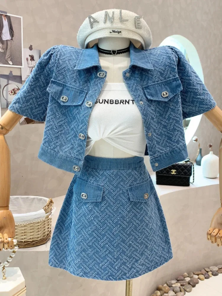 Huiketi Summer New Street Fashion Women's Suit With Skirt Denim Short Sleeve Top Sweet Girl Female Blue Plaid Skirt 2 Piece Set
