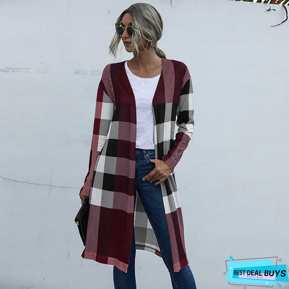 Autumn Women's Plaid Fashion Buttonless Straight Cardigan Coat Women