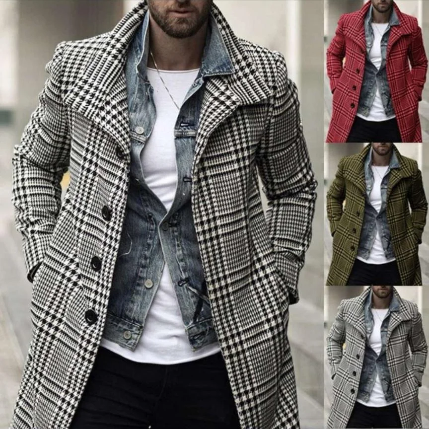 Lapel single-breasted plaid mid-length trench coat