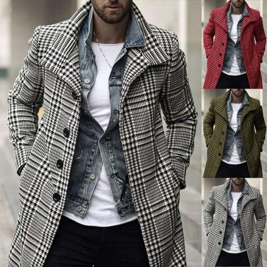 Lapel single-breasted plaid mid-length trench coat