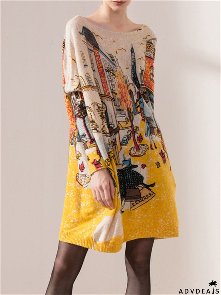 Autumn Winter  Large Size Knitting Pullover Printed Graffiti Women's Dresses