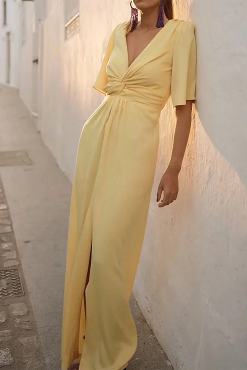 Sexy Street Solid Slit Fold V Neck A Line Dresses