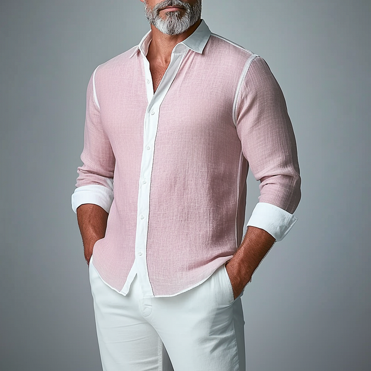Men's Turndown Collar Long Sleeve Button Colorblock Shirt