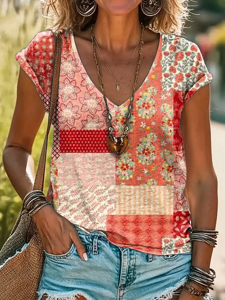 Women's Floral Patchwork Art Print Cotton V Neck T-Shirt