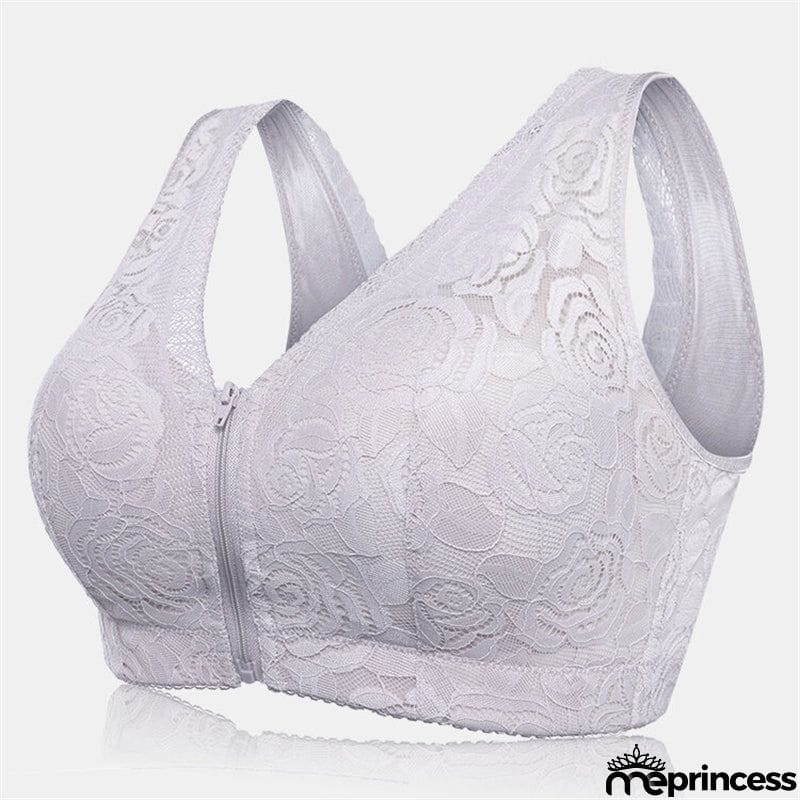 Wireless Rose Lace Front Zip Soft Cotton Lining Sleep Bras - Green