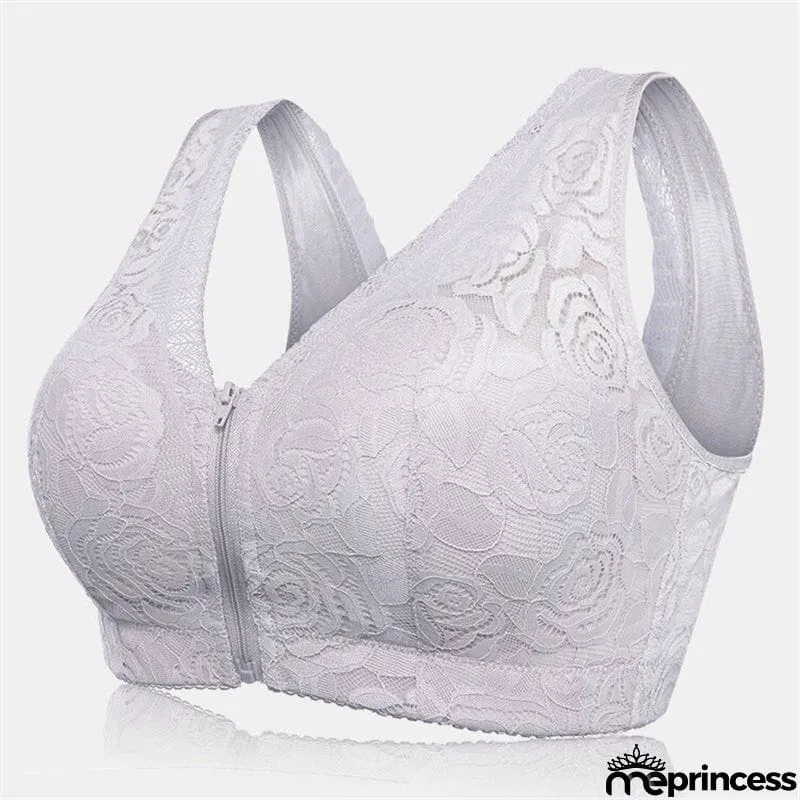 Wireless Rose Lace Front Zip Soft Cotton Lining Sleep Bras - Green