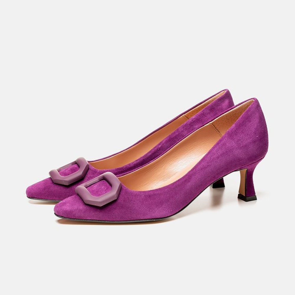 Purple Pointed Toe Square Buckle Kitten Heels Faux Suede Pumps