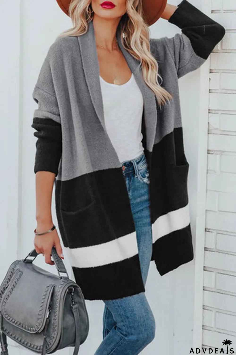 Gray Gingerbread Latte Colorblock Pocketed Cardigan