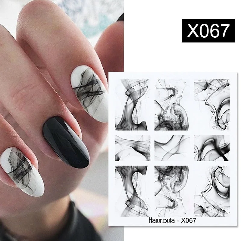 1 Sheet Harunouta Black Ink Painting Nail Water Decals Summer Theme Fruit Flower Alphabet Leaves Nail Art Water Stickers