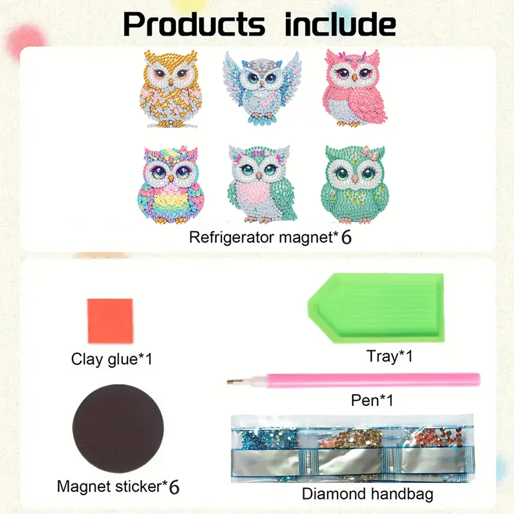 6Pcs Acrylic Owl DIY Diamond Painting Fridge Stickers for Home Kitchen