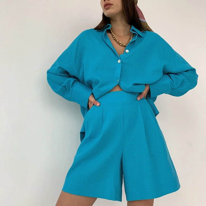 Casual Women Short Set Tracksuit Loungewear Two Piece Women Outfits Oversized Long Shirt And High Waist Shorts Green