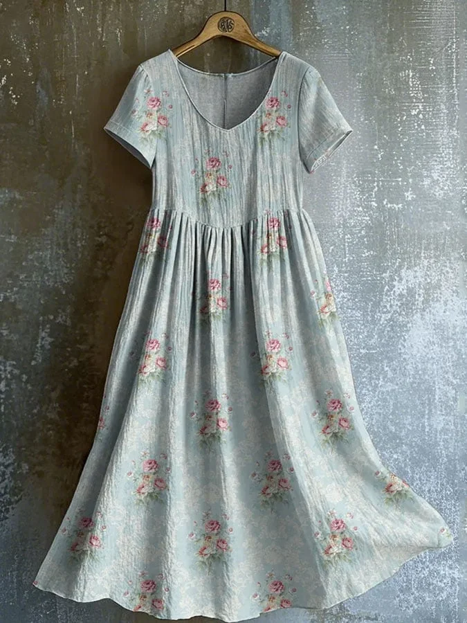 Woven cotton and linen retro pastoral style literary floral print short-sleeved dress 