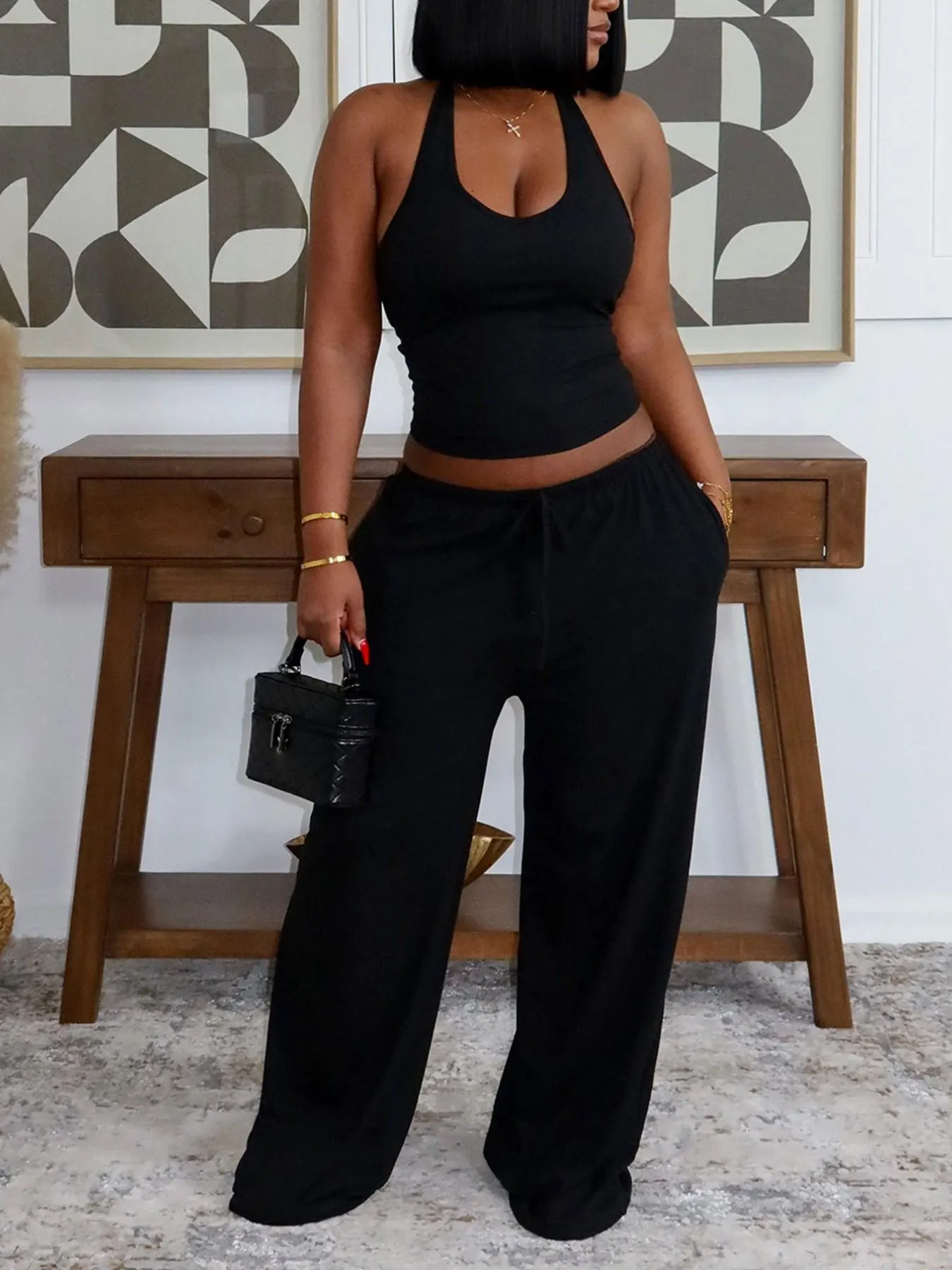 Summer New Women's Halter Neck Slimming Top & Wide-Leg Pants, Casual Backless Waist Cinch Crop Top & Drawstring Waist Pants, Womenswear