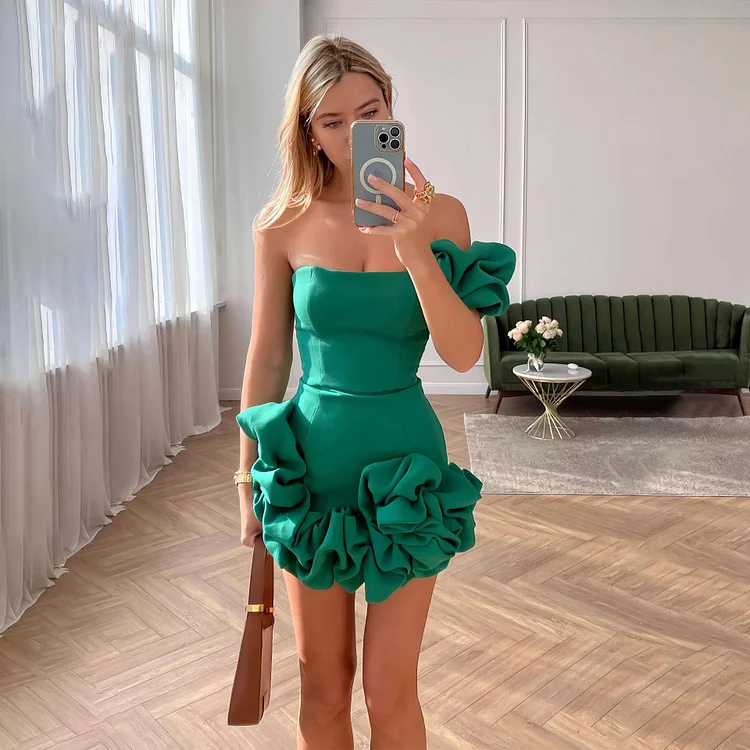Delightful and Elegant Vibe Off Shoulder Flounce Bottom Strapless Mini Dress
