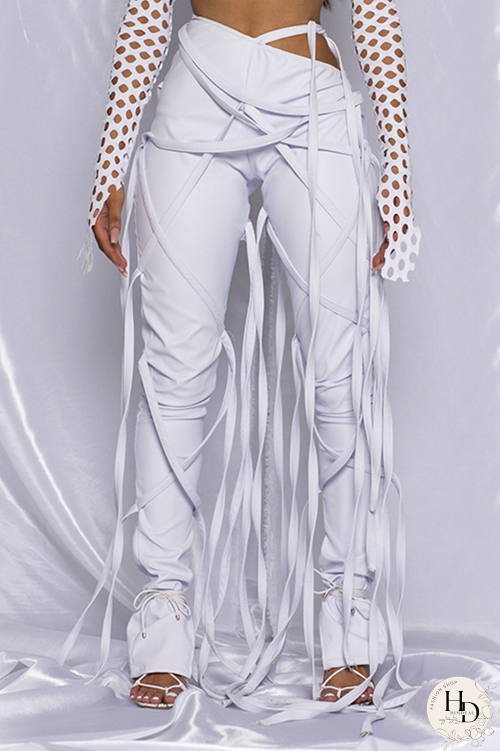White Street Patchwork Draw String Skinny Mid Waist Speaker Bottoms