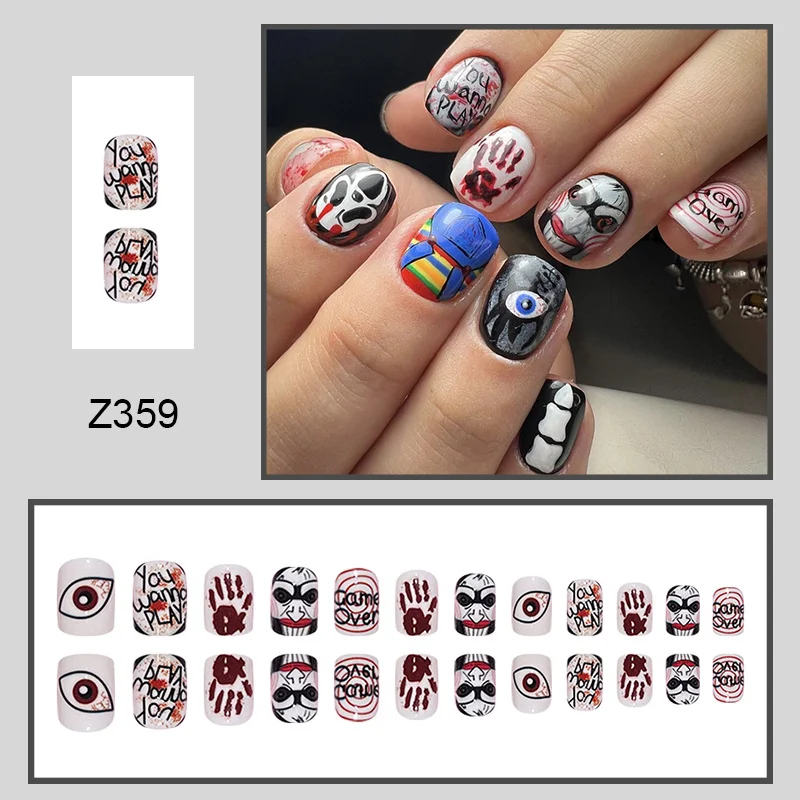 Churchf Churchf Horror Ghost Face Nail Halloween One Eye Candle Black And White Fake Nail Finished Wearable Nail Nail