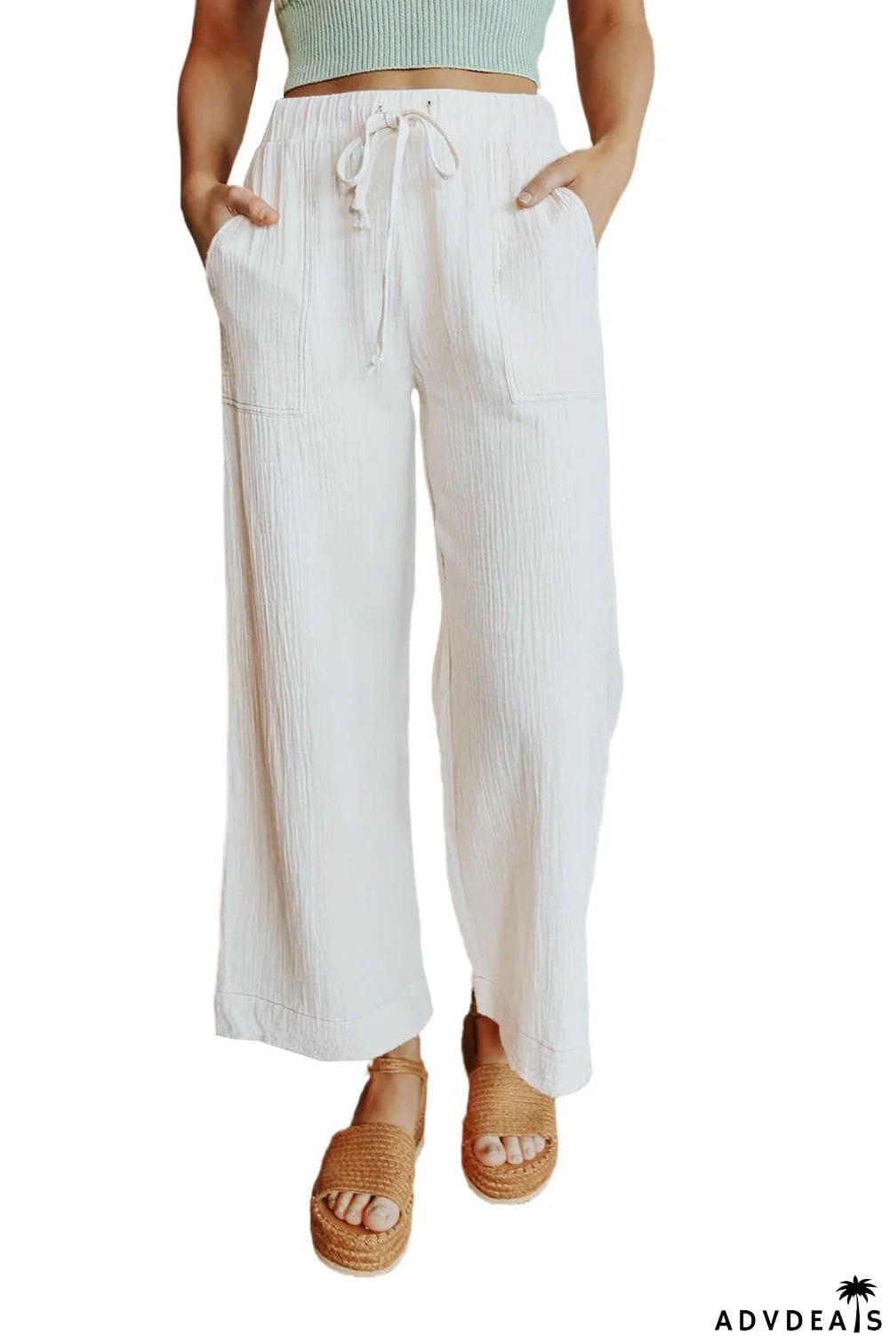 Drawstring Waist Crinkled Wide Leg Pants