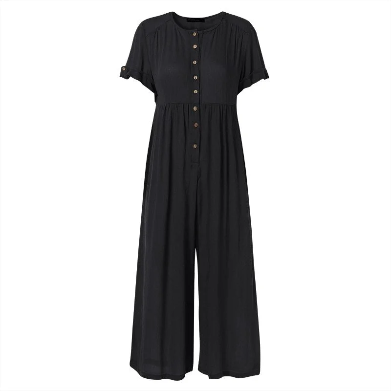 Celmia 2022 Summer Jumpsuits Women Vintage Rompers Casual Solid Buttons Playsuit Short Sleeve Loose Wide Leg Pants Party Overall