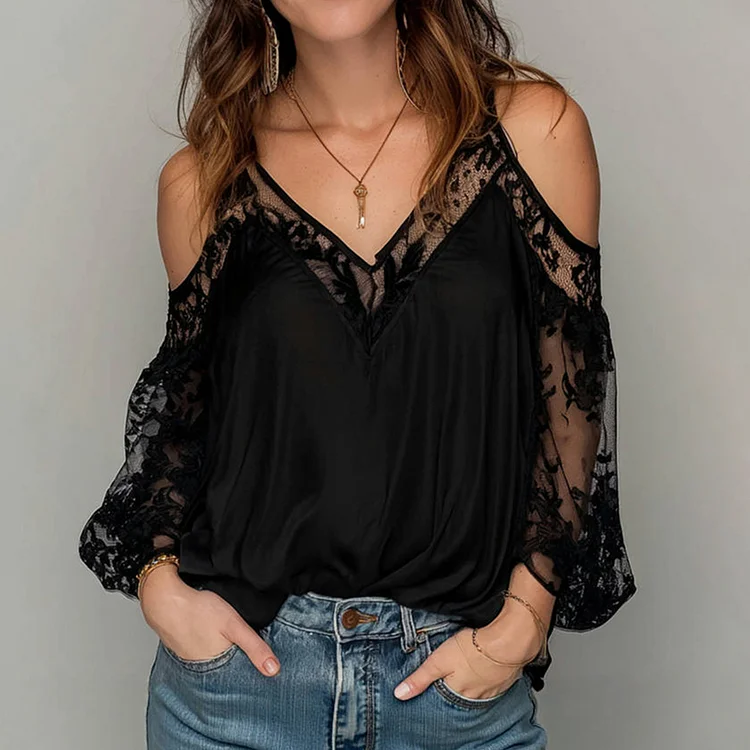 Ursime Cold Shoulder Lace Lantern Sleeve Blouse