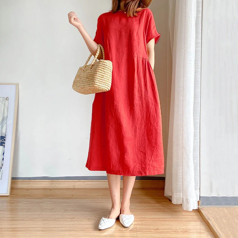 Nigikala Nigikala New Leisure Spring And Summer Loose Skirt Short Sleeve Round Neck Solid Cotton Linen Dress