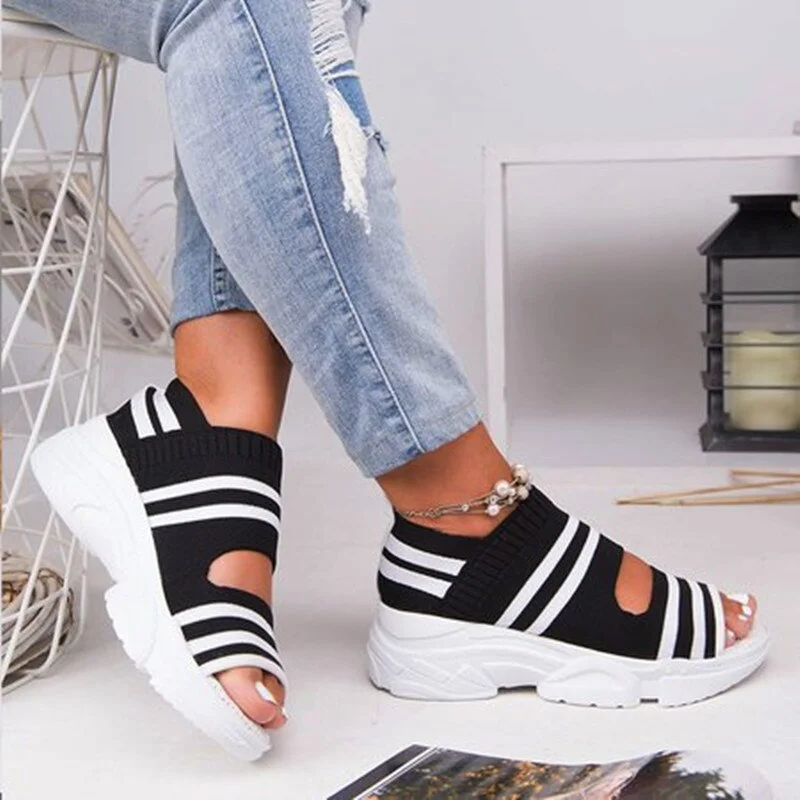 Qengg MCCKLE Women's Sandals 2021 Shoes for Women Stretch Fabric Slip On Hollow Out Peep Toe Platform Casual Knitted Sneaker Ladies