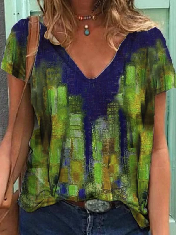 Women Short Sleeve V-neck Gradient Tie Dye Top