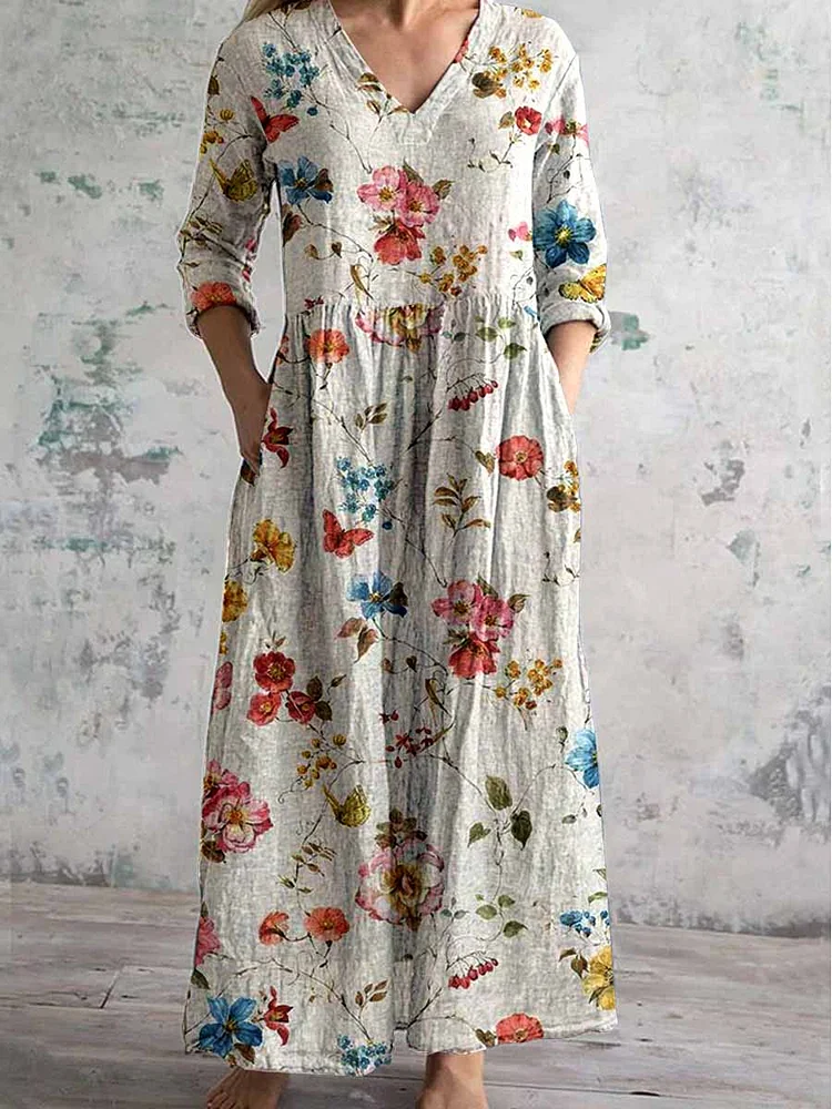 Women's V-Neck Retro  Rose Floral Pattern Cotton And Linen Dress