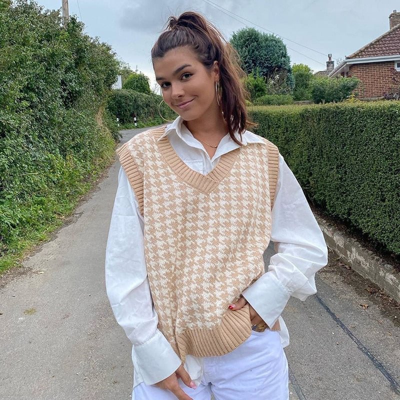 Gitana Y2K Houndstooth Knitted Oversized Cardigan Sweater 2022 Autumn Winter Vintage Sweater Jumper Casual Cardigan Women Coats