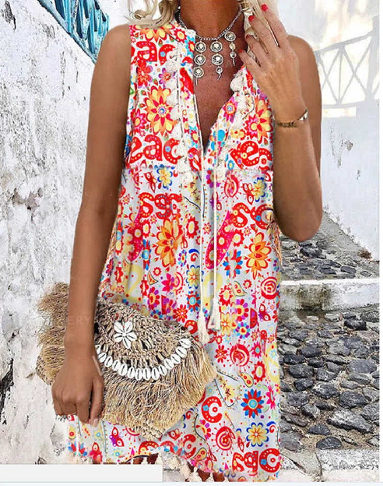 Printed V-neck Tassel Sleeveless Boho Dress VangoghDress