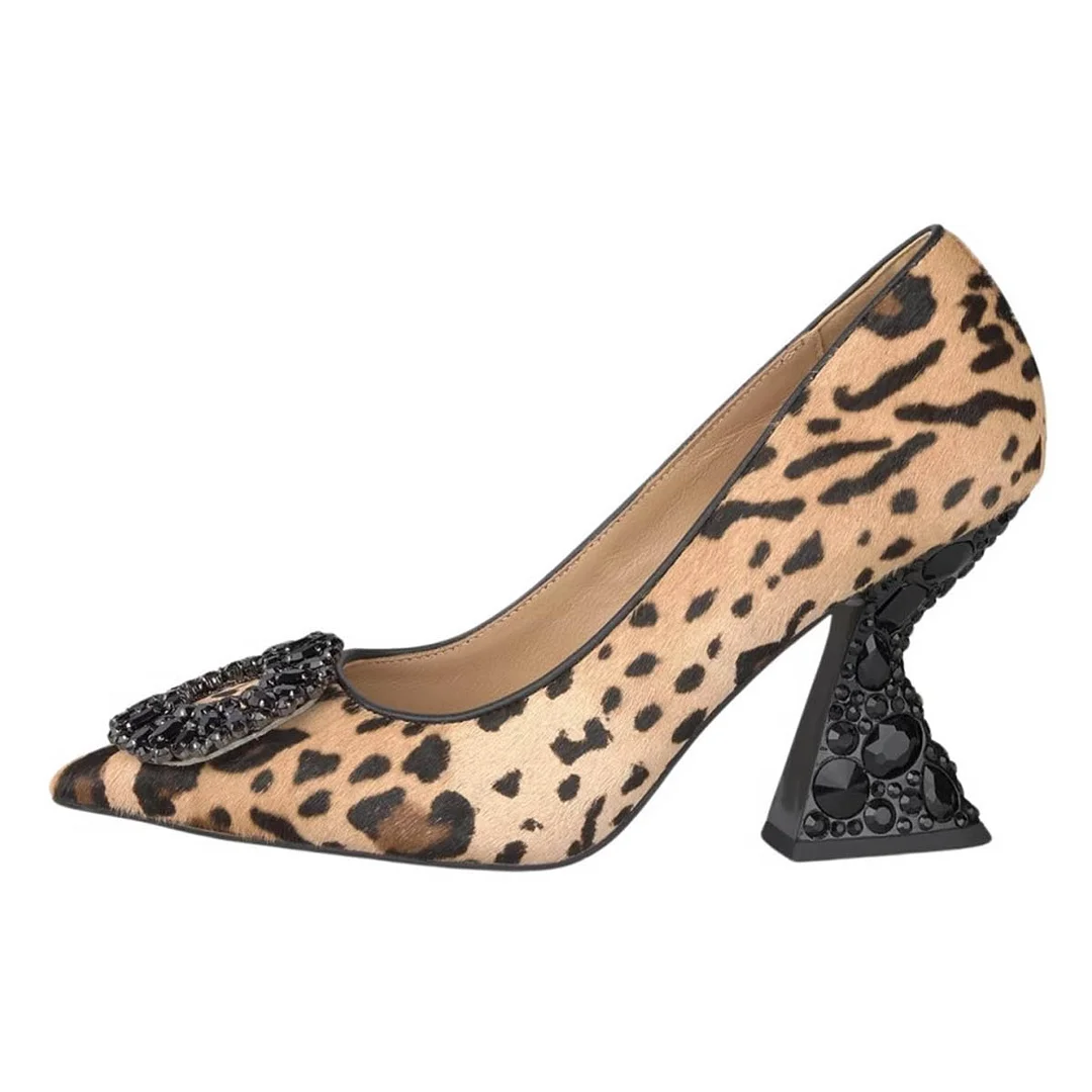 Brown Leopard Faux Suede Pointed Rhinestone Decorative Heel Pumps   