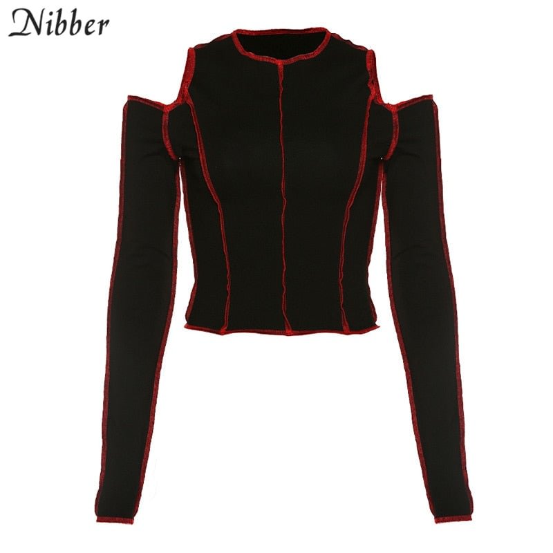NIBBER simple Black Stripe design hollow out crop tops women 2019autumn winter fashion full sleeve T-shirts Harajuku tees mujer