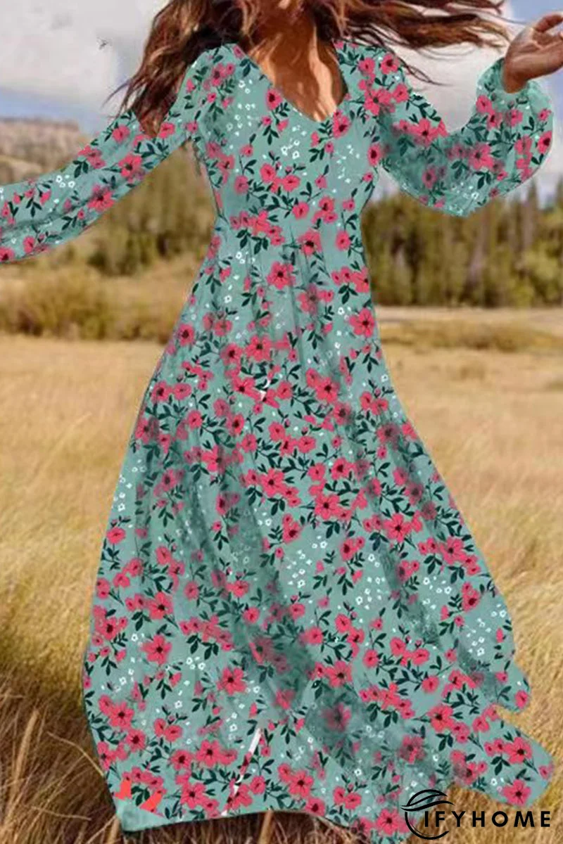 Elegant Floral Patchwork V Neck Printed Dress Dresses | IFYHOME