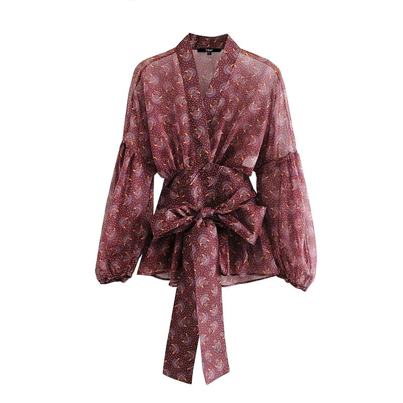 TRAF Women Fashion Print With Bow See Through Wrap Blouses Vintage V Neck Long Sleeve Female Shirts Blusas Chic Tops