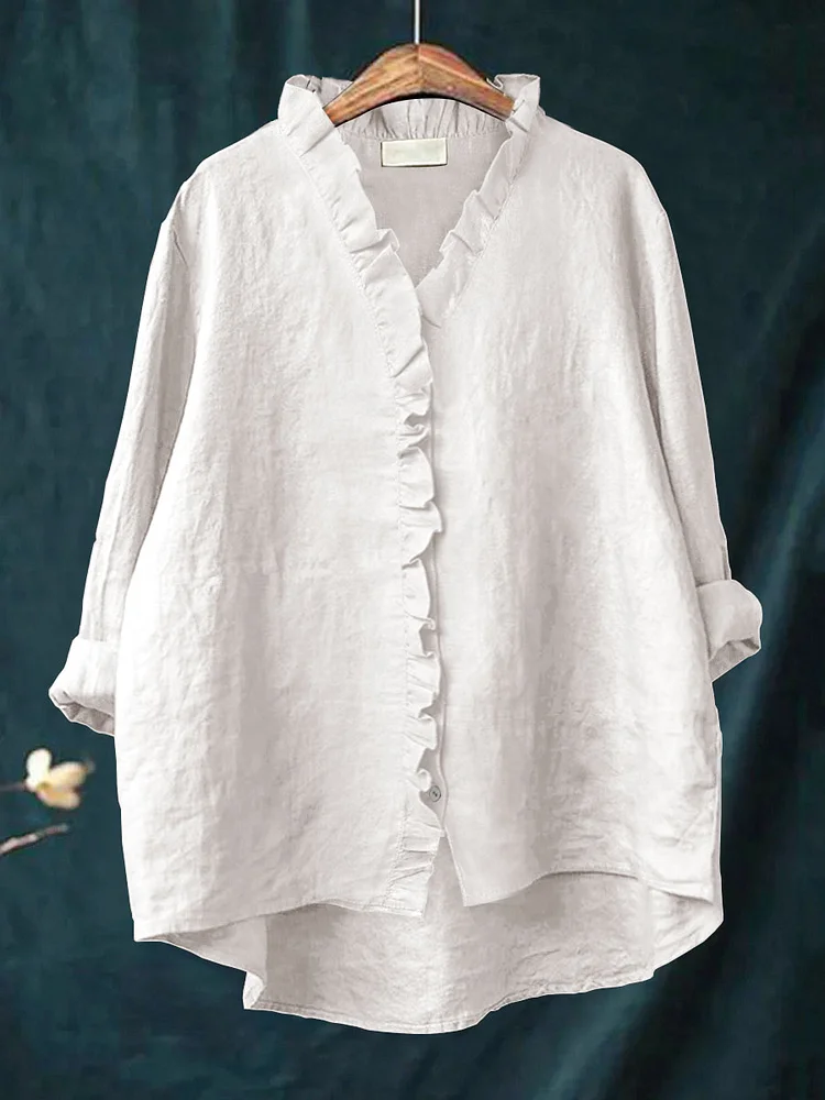 Women's Casual Cotton And Linen Ruffle Shirt socialshop