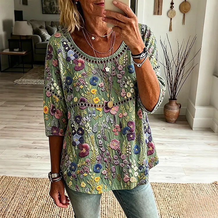 Women's Vintage Floral Art Print Flowy Linen Blend Linen Blend Three-quarter Sleeve Casual Tops