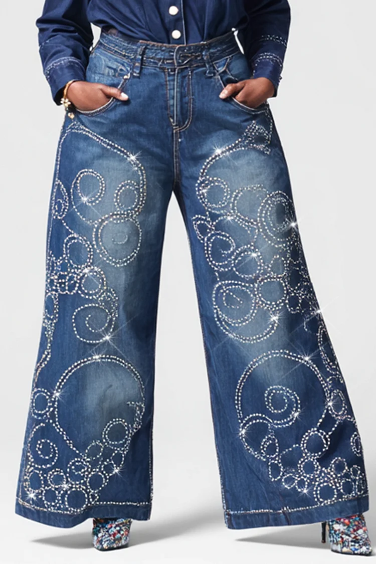 Xpluswear Design Plus Size Business Casual Blue Drilling Wide Leg Denim Jeans [Pre-Order] 2024 - Xpluswear