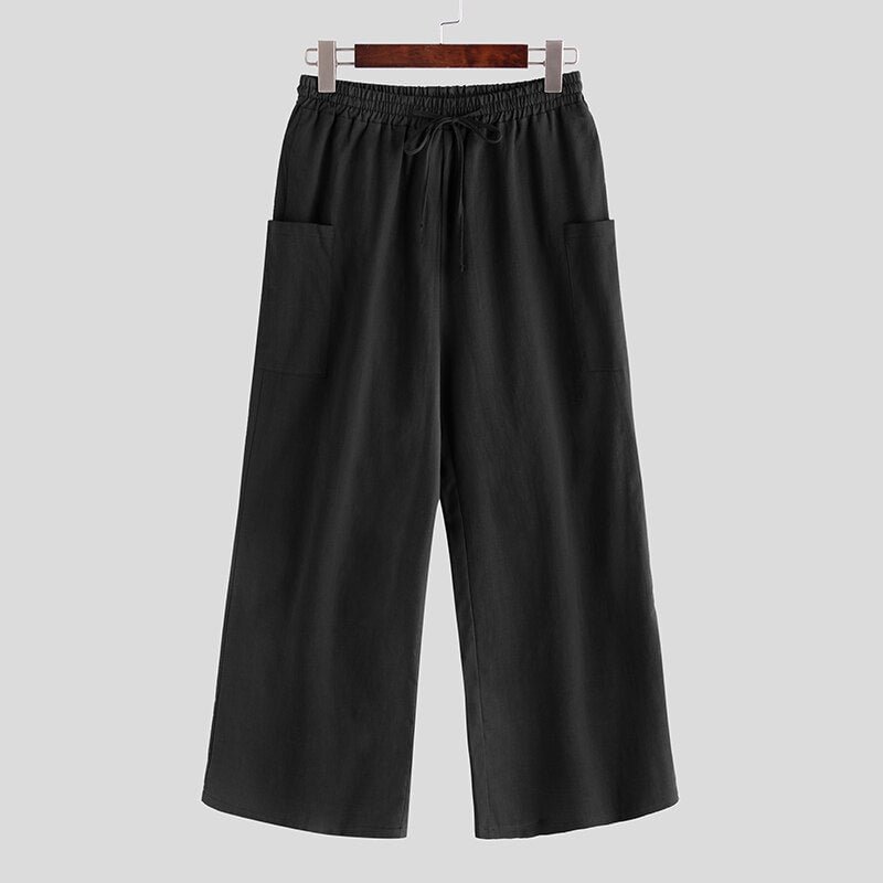 INCERUN Vintage Men Wide Leg Pants Cotton Joggers Pockets Elastic Waist Solid Baggy Trousers Men Streetwear Casual Pants 2020 7