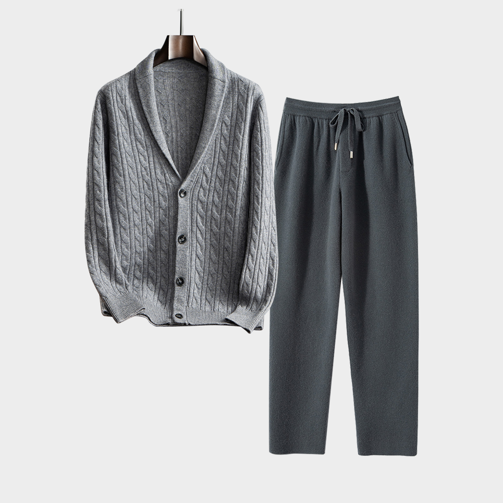 Men's Cable Knit Shawl Collar Cashmere Cardigan and Pants Set | Casual Outfit REAL SILK LIFE