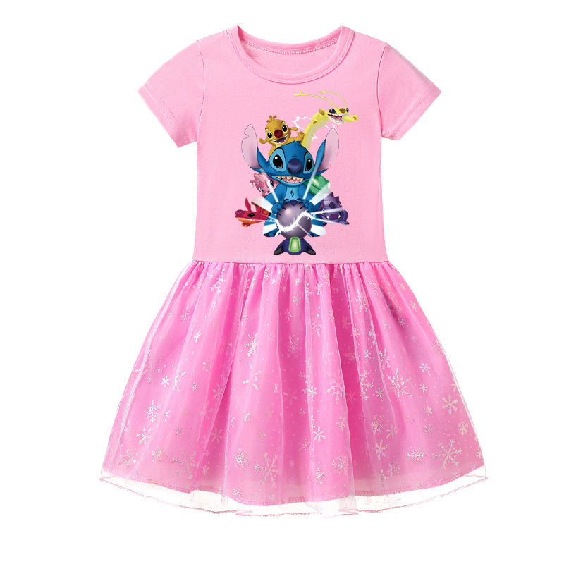 Mayoulove Stitch Mesh Dress - Adorable and Breathable Girls' Summer Clothing with Stitch Theme - Perfect for Fans of Disney's Lilo and Stitch - Ideal for Girls Aged 4-8-Mayoulove
