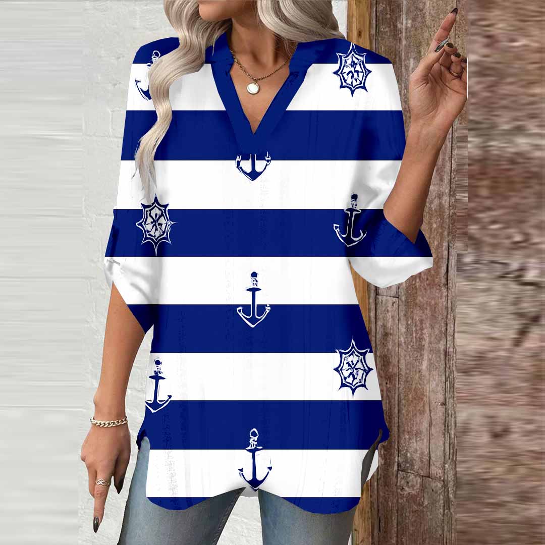 Women Ocean, Navy Blue, Anchor DZGA0107 3/4 Sleeve V-neck Printed Graphic Button Tops